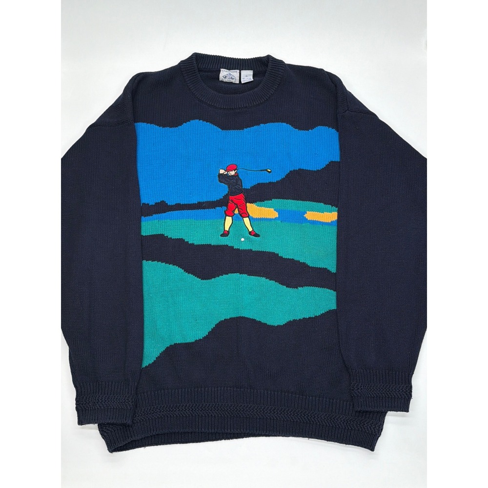 Vintage Cambridge Classics Mens XL Golf Graphic Sweater‎ Navy Blue Cotton Knit